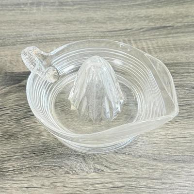 LOT 29D: Vintage Glass Juicer, Juice Pitcher & Arcoroc Canterbury Embossed Glass Mugs