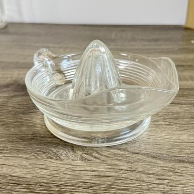 LOT 29D: Vintage Glass Juicer, Juice Pitcher & Arcoroc Canterbury Embossed Glass Mugs