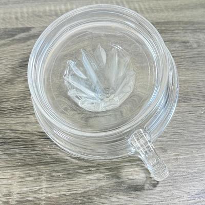 LOT 29D: Vintage Glass Juicer, Juice Pitcher & Arcoroc Canterbury Embossed Glass Mugs