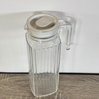 LOT 29D: Vintage Glass Juicer, Juice Pitcher & Arcoroc Canterbury Embossed Glass Mugs