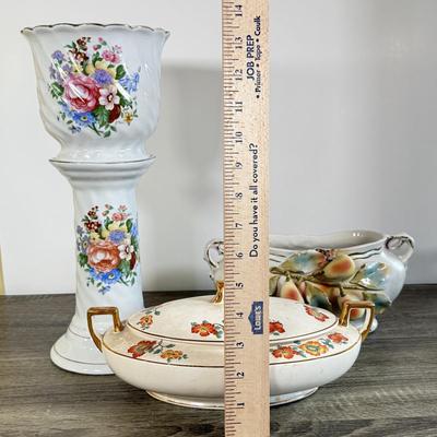 LOT 30D: Vintage China: Hand Painted Austrian Open Vase, Homer Laughlin Lidded Serving Dish & More