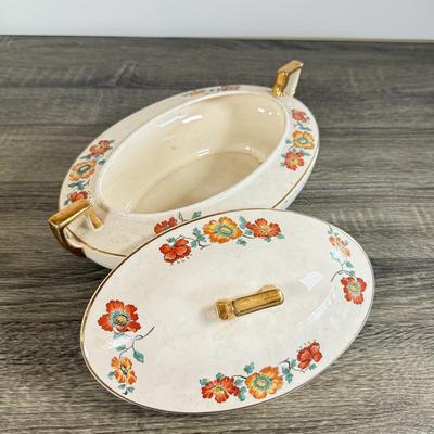 LOT 30D: Vintage China: Hand Painted Austrian Open Vase, Homer Laughlin Lidded Serving Dish & More