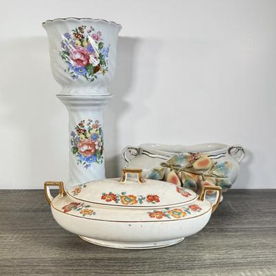 LOT 30D: Vintage China: Hand Painted Austrian Open Vase, Homer Laughlin Lidded Serving Dish & More