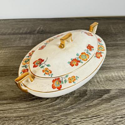 LOT 30D: Vintage China: Hand Painted Austrian Open Vase, Homer Laughlin Lidded Serving Dish & More