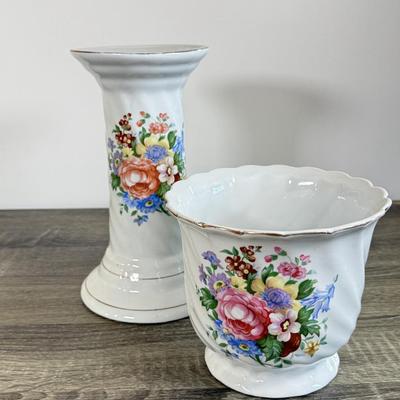LOT 30D: Vintage China: Hand Painted Austrian Open Vase, Homer Laughlin Lidded Serving Dish & More
