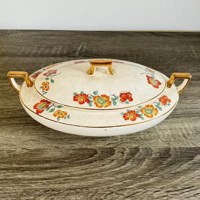 LOT 30D: Vintage China: Hand Painted Austrian Open Vase, Homer Laughlin Lidded Serving Dish & More