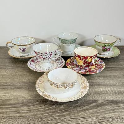 LOT 31D: Vintage Tea Cups w/ Matching Saucers: Nippon, Royal Winton June Festival & More