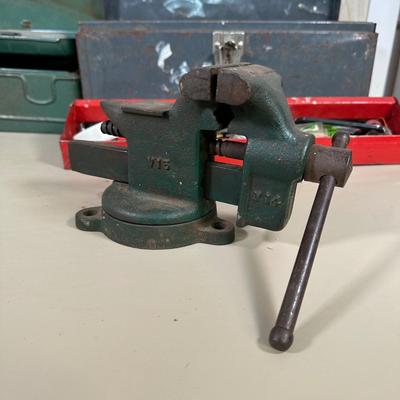 LOT 57B: Two Tool Boxes w/ All Contents Included, Craftsman 3/8” Drill & Eclipes Bench Vice