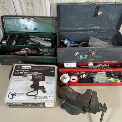 LOT 57B: Two Tool Boxes w/ All Contents Included, Craftsman 3/8” Drill & Eclipes Bench Vice