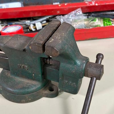 LOT 57B: Two Tool Boxes w/ All Contents Included, Craftsman 3/8” Drill & Eclipes Bench Vice