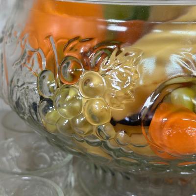 LOT 59B: Vintage Jeanette Embossed Glass Punch Bowl w/ 12 Cups