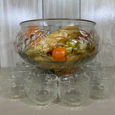 LOT 59B: Vintage Jeanette Embossed Glass Punch Bowl w/ 12 Cups