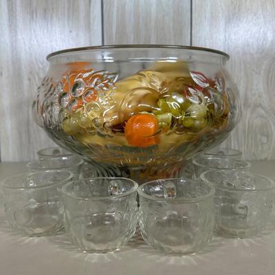 LOT 59B: Vintage Jeanette Embossed Glass Punch Bowl w/ 12 Cups