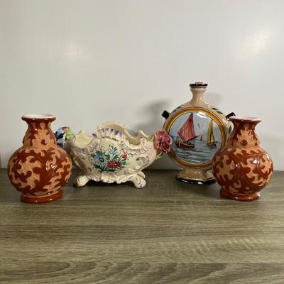 LOT 61D: Vintage Italian Pottery: Small Vases, Porcelain Floral Centerpiece, Ceramic Hand-painted Bottle