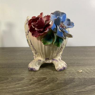 LOT 61D: Vintage Italian Pottery: Small Vases, Porcelain Floral Centerpiece, Ceramic Hand-painted Bottle