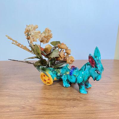 LOT 67D: Vintage Italian Hand Painted Yellow, Blue & White Handled Pitcher and Vintage Italian Ceramic Hand Painted Donkey With Cart