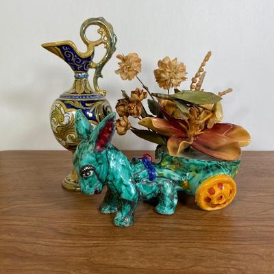 LOT 67D: Vintage Italian Hand Painted Yellow, Blue & White Handled Pitcher and Vintage Italian Ceramic Hand Painted Donkey With Cart