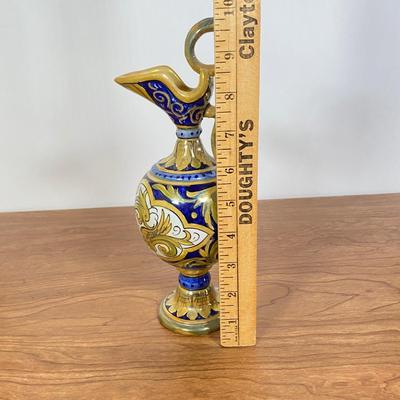 LOT 67D: Vintage Italian Hand Painted Yellow, Blue & White Handled Pitcher and Vintage Italian Ceramic Hand Painted Donkey With Cart