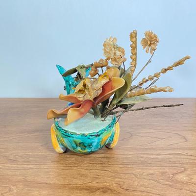 LOT 67D: Vintage Italian Hand Painted Yellow, Blue & White Handled Pitcher and Vintage Italian Ceramic Hand Painted Donkey With Cart