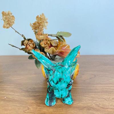 LOT 67D: Vintage Italian Hand Painted Yellow, Blue & White Handled Pitcher and Vintage Italian Ceramic Hand Painted Donkey With Cart