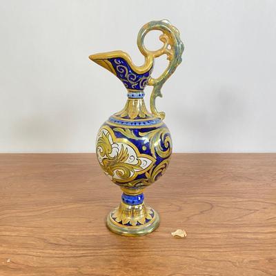 LOT 67D: Vintage Italian Hand Painted Yellow, Blue & White Handled Pitcher and Vintage Italian Ceramic Hand Painted Donkey With Cart