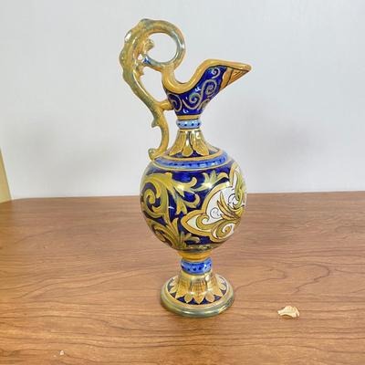 LOT 67D: Vintage Italian Hand Painted Yellow, Blue & White Handled Pitcher and Vintage Italian Ceramic Hand Painted Donkey With Cart