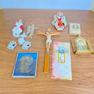 LOT 70D: Various Religious Memorabilia, including a Metal Shrine, Jesus on the Cross, and Porcelain Figurines
