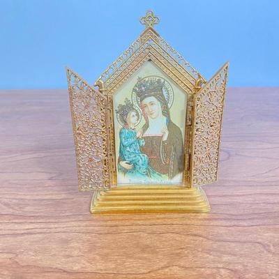 LOT 70D: Various Religious Memorabilia, including a Metal Shrine, Jesus on the Cross, and Porcelain Figurines