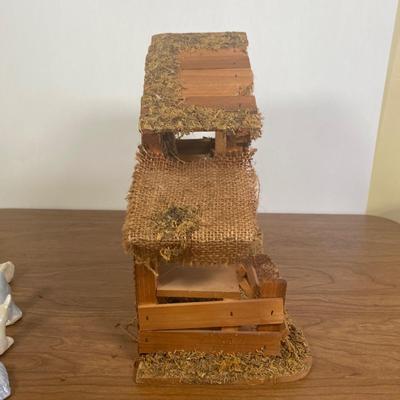 LOT 72D: Vintage Nativity Set in Manger with Porcelain Figurines