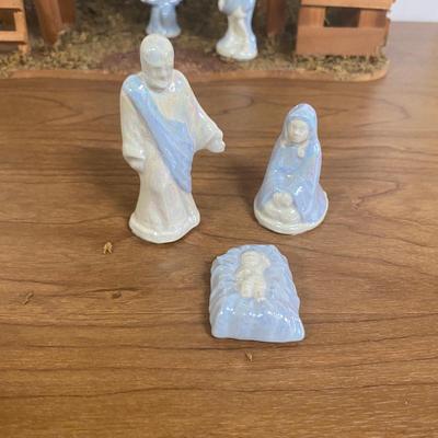 LOT 72D: Vintage Nativity Set in Manger with Porcelain Figurines
