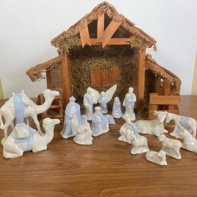 LOT 72D: Vintage Nativity Set in Manger with Porcelain Figurines