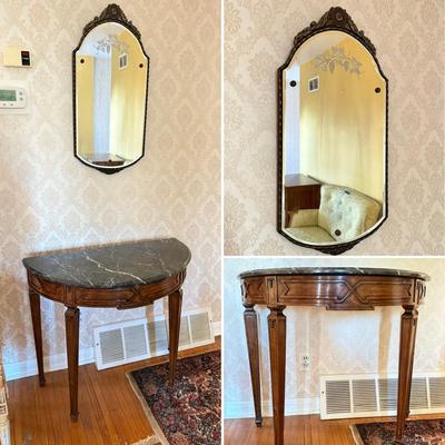 LOT 80L: Marble Top Foyer Table & Grapes / Leaf Motif Vintage Mirror