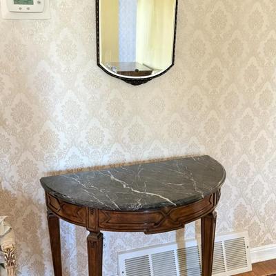 LOT 80L: Marble Top Foyer Table & Grapes / Leaf Motif Vintage Mirror