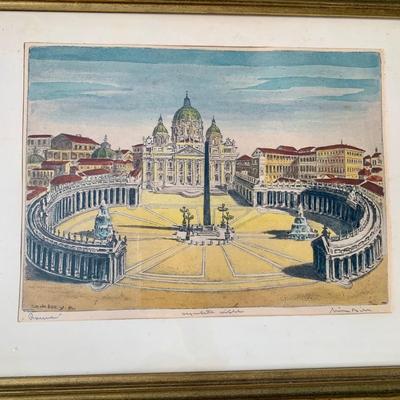 LOT 81 Z: Framed & Signed St. Peter's Basilica Colored Etching by Sziktay B.