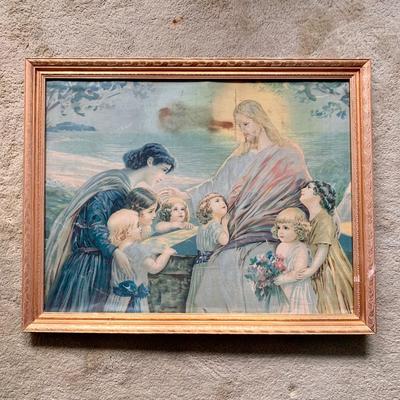 LOT 84 Z: Duo of Vintage Religious Canvas Lithographs in Gilded Frames
