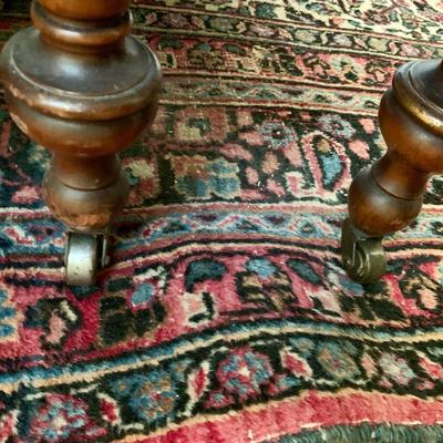 LOT 91 Y: Vintage Hollywood Regency Multi-Grain Figured Wood Bed Frame w/ Wheels & Side Table