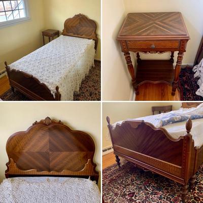 LOT 91 Y: Vintage Hollywood Regency Multi-Grain Figured Wood Bed Frame w/ Wheels & Side Table