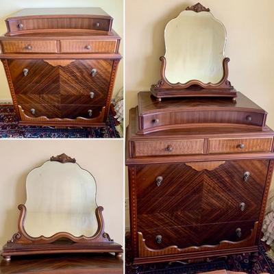 LOT 92 Y: Vintage Hollywood Regency Multi-Grain Figured Wood 6 Drawer Dresser w/ Removable Mirror