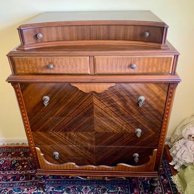 LOT 92 Y: Vintage Hollywood Regency Multi-Grain Figured Wood 6 Drawer Dresser w/ Removable Mirror