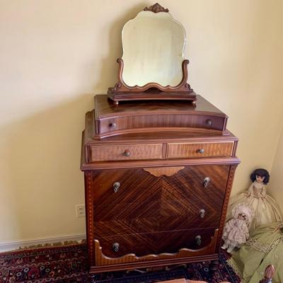 LOT 92 Y: Vintage Hollywood Regency Multi-Grain Figured Wood 6 Drawer Dresser w/ Removable Mirror