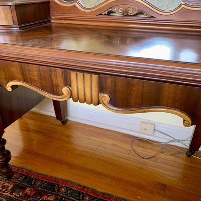 LOT 94 Y: Vintage Hollywood Regency Multi-grain Figured Wood Vanity w/ Bench