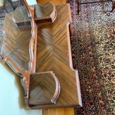 LOT 94 Y: Vintage Hollywood Regency Multi-grain Figured Wood Vanity w/ Bench