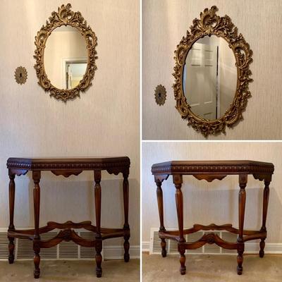 LOT 95 H: Vintage Syroco Hollywood Regency Style Wall Mirror & Ornate Entryway Table