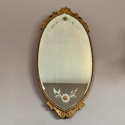 LOT 97 X: Vintage / Antique Oval Gold Toned Frame Mirror w/ Etched Floral Motif: 904 Fenton Label Co. & Pair of Ornate Brass...