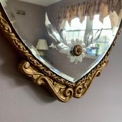 LOT 97 X: Vintage / Antique Oval Gold Toned Frame Mirror w/ Etched Floral Motif: 904 Fenton Label Co. & Pair of Ornate Brass...
