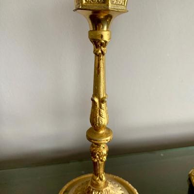 LOT 97 X: Vintage / Antique Oval Gold Toned Frame Mirror w/ Etched Floral Motif: 904 Fenton Label Co. & Pair of Ornate Brass...