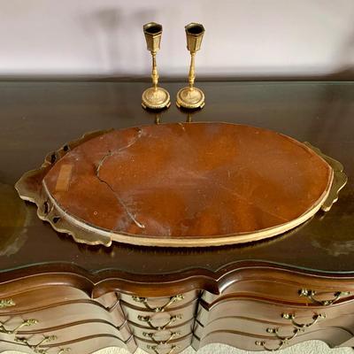 LOT 97 X: Vintage / Antique Oval Gold Toned Frame Mirror w/ Etched Floral Motif: 904 Fenton Label Co. & Pair of Ornate Brass...