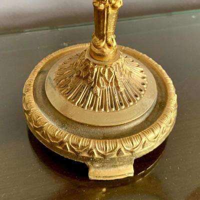 LOT 97 X: Vintage / Antique Oval Gold Toned Frame Mirror w/ Etched Floral Motif: 904 Fenton Label Co. & Pair of Ornate Brass...