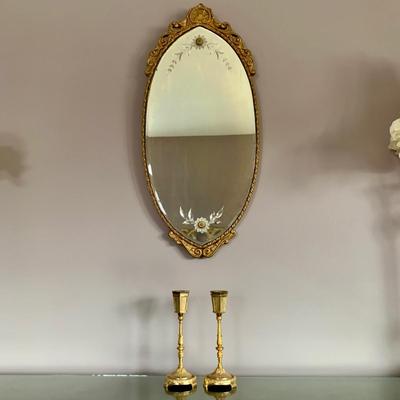 LOT 97 X: Vintage / Antique Oval Gold Toned Frame Mirror w/ Etched Floral Motif: 904 Fenton Label Co. & Pair of Ornate Brass...
