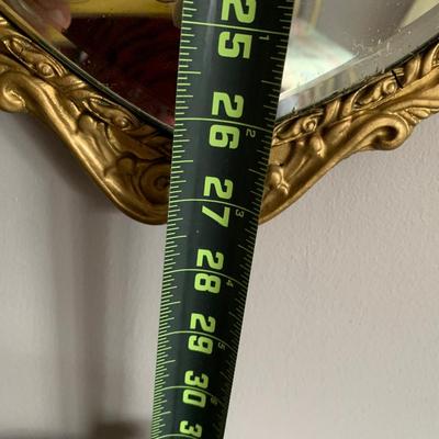 LOT 97 X: Vintage / Antique Oval Gold Toned Frame Mirror w/ Etched Floral Motif: 904 Fenton Label Co. & Pair of Ornate Brass...